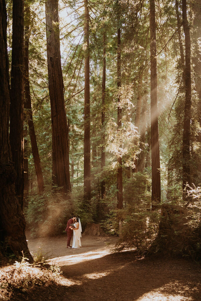 A newlywed couple kissing in the forest 